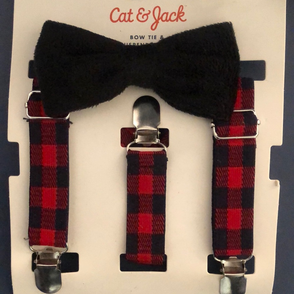NWT Cat & Jack Black Bow Tie and Plaid Suspenders Set